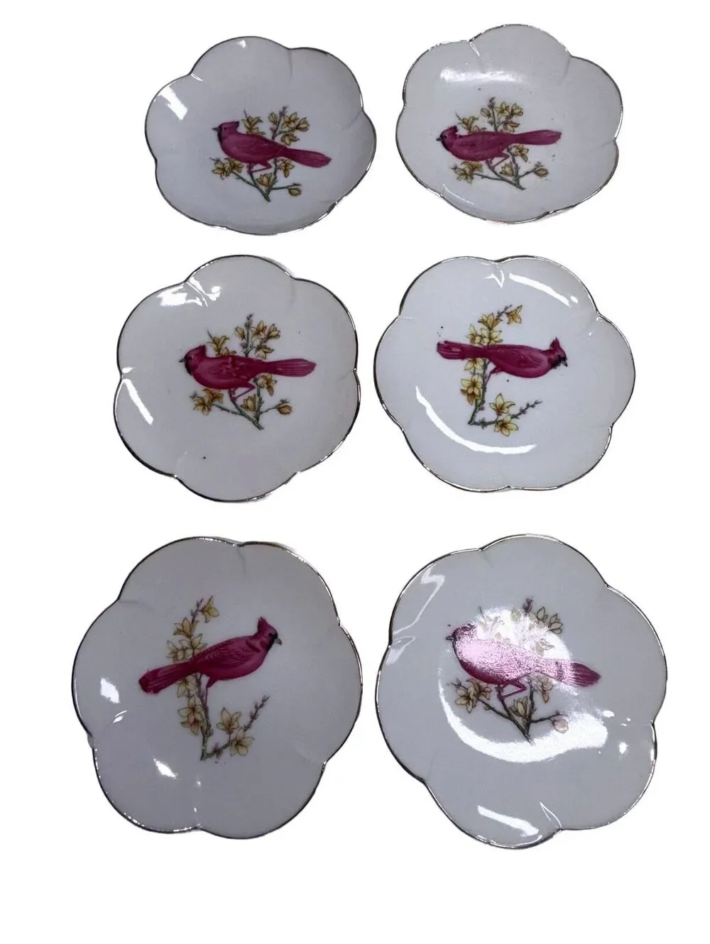 Set 6 VTG Japan Pink Cardinal Red Bird Scalloped Butter Dessert Plates Trinket